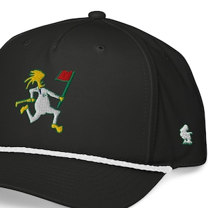 May include: Black baseball cap with a white rope detail and a curved brim. The cap features an embroidered design of a running figure holding a red flag. A smaller embroidered logo is on the side.
