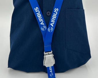 May include: A blue lanyard with a silver clip and a white "AIRBUS" logo repeated on both sides.