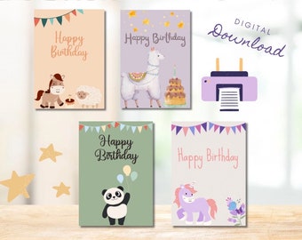 Birthday cards, greeting cards as a digital download PDF - cards for children, birthday, animal motifs for girls and boys birthday card