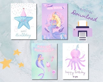 Birthday cards for children as digital download | Underwater motifs | Greeting cards to download | Birthday gift | Watercolor motifs