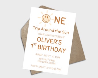 First Trip Around the Sun One Happy Dude One Happy Boy Guy Smiley Face Sun and Space First Birthday Editable Party Invitation for 1st Bday