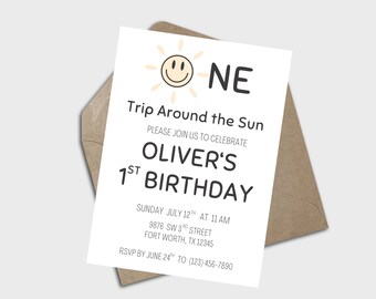 First Trip Around Sun One Happy Dude 1 Happy Boy Guy Boho Smiley Face Sun and Space First Birthday Editable Party Invitation for 1st Bday