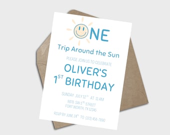 One Happy Dude Sunshine First Birthday Editable Party Invitation 1 Happy Boy Guy Boho Smiley Face Sun and Space for Simple 1st Bday
