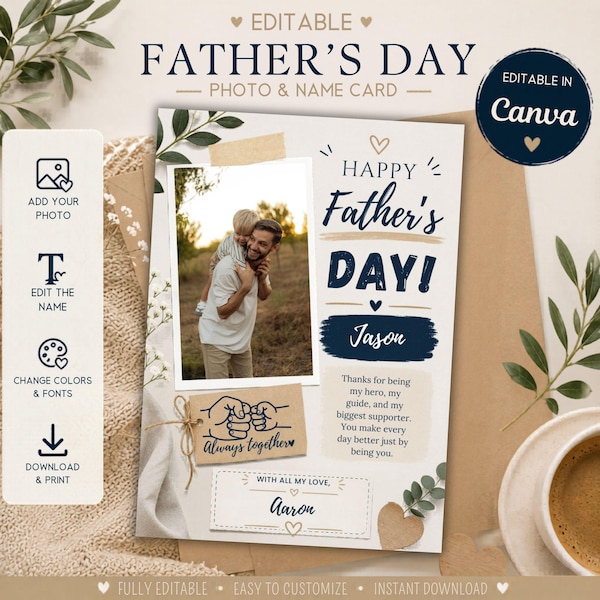 Editable Father's Day Card Template Canva, Personalized Photo Dad Card 5x7, Printable Fathers Day Gift From Kids