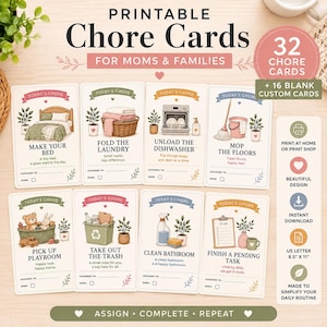 Può includere: Un set di schede per le faccende domestiche stampabili con illustrazioni e testo per attività come rifare il letto, piegare il bucato e pulire. Le schede includono sezioni per le assegnazioni e caselle di controllo per completare le attività.