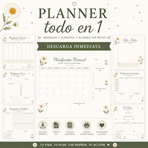 May include: A digital planner set featuring a monthly calendar, weekly schedule, daily planner, habit tracker, to-do list, meal planner, and goal sheet. The pages are cream-colored with dark green text, daisy illustrations, and the Spanish text PLANNER todo en 1.