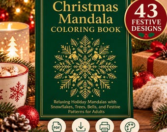 May include: A dark green coloring book titled Christmas Mandala Coloring Book with gold text and a gold snowflake mandala graphic. The cover features the text 43 Festive Designs and lists Relaxing Holiday Mandalas with Snowflakes, Trees, Bells, and Festive Patterns for Adults. Icons indicate a printable PDF, instant download, US Letter 8.5 x 11 in format, and adult use.