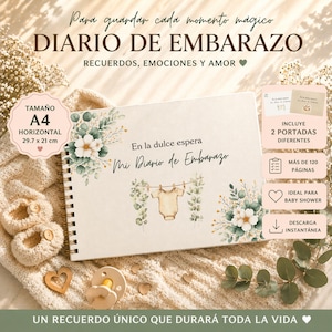 以下が含まれることがあります： 「DIARIO DE EMBARAZO」と「Mi Diario de Embarazo」のテキストが入った妊娠日記。 花柄や植物のイラストで装飾されており、ベビーボディスーツのグラフィックが含まれています。 日記のサイズは29.7 x 21 cmです。