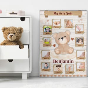 Póster imprimible de mi primer año / Recuerdo mensual con foto de bebé + Letras para el nombre / Decoración de habitación infantil con osito de bosque / Regalo para baby shower