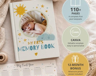 Baby Memory Book, First Year Journal, Editable Canva Template, Printable Baby Milestone Book, New Mom Gift, Baby Shower Keepsake