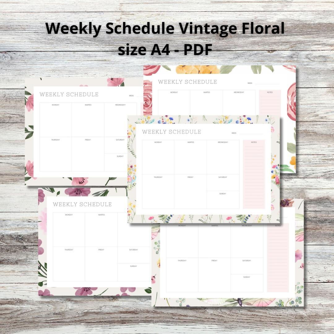 Vintage Floral Weekly Schedule Planner| 5 A4 Printable Designs| Elegant ...