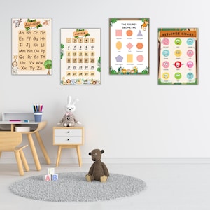Pósteres educativos de la jungla (A3): Alfabeto, números del 1 al 30, formas y emociones. Imprimibles para niños en edad preescolar Montessori.