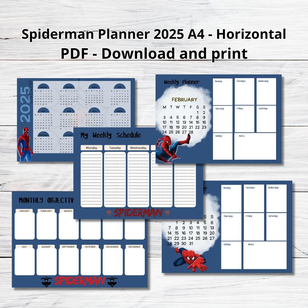 Spiderman Weekly Planner 2025 Monthly Goals, 12 Pages, Horizontal Printable Calendar PDF Dowload Decor Room Children Planner - Etsy spiderman-weekly-planner-2025-monthly-goals-12-pages-horizontal-printable-calendar-pdf-dowload-decor-room-children-planner-etsy