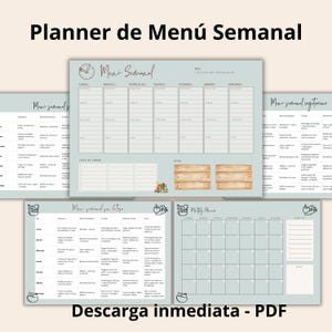 May include: A collection of printable weekly and monthly menu planners in a soft blue color. The planners include sections for meal planning, shopping lists, and notes. Text on the image includes "Planner de Menú Semanal" and "Descarga inmediata - PDF".