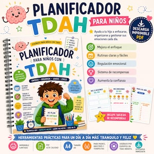 Puede incluir: Un planificador para niños con TDAH. La portada presenta un niño de dibujos animados y el texto "Planificador para Niños con TDAH". Incluye secciones para rutinas diarias, metas y regulación emocional. Diseñado para ayudar a los niños a enfocarse.