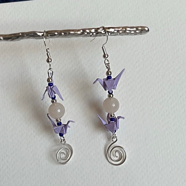 Lilac double mini crane silver drop earrings | Origami crane earrings | Rose quartz earrings