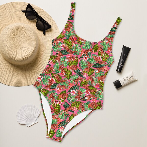 Jungle Theme One Piece Swimsuit | Jungle Tiger One Piece Swimsuit | Vibrant Colorful Swimsuit