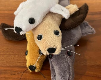 May include: A stack of plush seal toys in various colors: white, tan, brown, yellow, and gray. Each seal has black button eyes and long whiskers. The toys are made of soft, fuzzy material.
