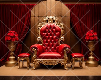 Red Throne Chair Photography Backdrop: Gold Detail, Valentine's Day (PNG)