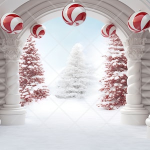 May include: A winter scene featuring a snow-covered landscape framed by white columns and arches. Red and white striped ornaments hang from the arches. Snow-covered evergreen trees are visible in the background, creating a festive holiday atmosphere.