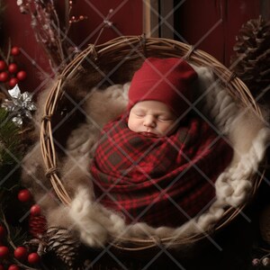 Cenário digital de Natal para recém-nascidos, cesta, cenário digital para recém-nascidos, fotografia de recém-nascidos, cenário de Natal com pinhas e frutas vermelhas