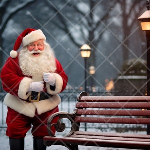 Santa Digital Backdrop, Christmas Backdrop, Santa at the Park about to surprise someone sitting on the bench! Kids Digital Backdrop