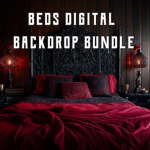 May include: A dark wood bed frame with a carved headboard and a red velvet comforter. The bed is decorated with black and red pillows. The room is dimly lit with two lamps on nightstands.