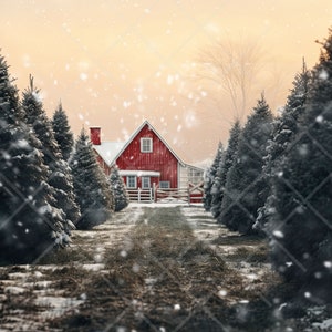 May include: A snowy winter scene featuring a red barn nestled between rows of snow-covered evergreen trees. A path leads to the barn, with falling snow adding to the winter ambiance. The sky is a soft, warm color.