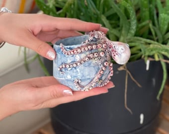 May include: A small blue ceramic planter with a pink and white octopus design. The planter is being held by a person's hand.