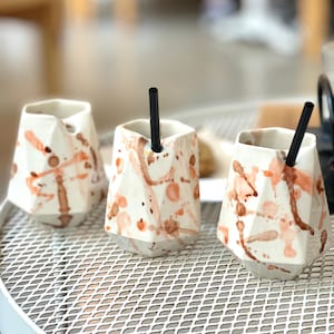 Handmade ceramic straw cup -Cup with straw - iced coffee cup - Modern ceramic cup handmade in polygons- valentine&#39;s day gift