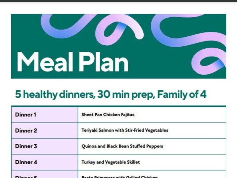 5 Dinner Meal Plan For Family Of 4 30 Min Prep Plan 1 Etsy