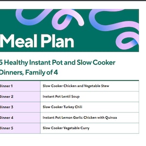5 Dinner Meal Plan, Instant Pot and Slow Cooker, Family of 4