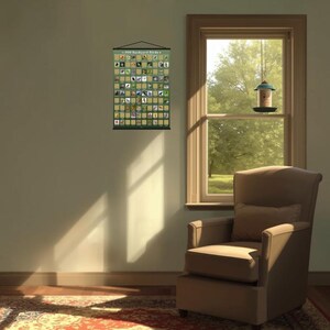 May include: A rectangular wall poster titled 100 Backyard Birds featuring a grid of small bird illustrations on a light green background. The poster is suspended from a black horizontal bar and displays various bird species in individual squares.