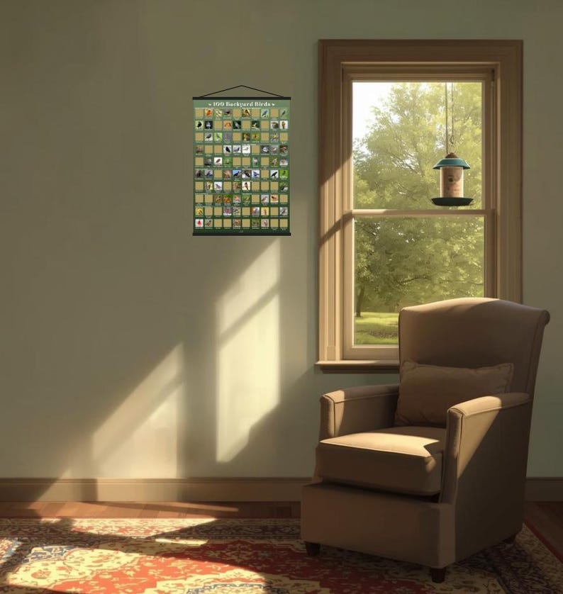 May include: A rectangular wall poster titled 100 Backyard Birds featuring a grid of small bird illustrations on a light green background. The poster is suspended from a black horizontal bar and displays various bird species in individual squares.