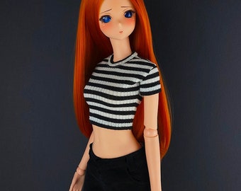 Short Sleeve Cropped Black And White Knit Striped T Shirt - Smart Doll, Dollfie Dream, BJD SD13