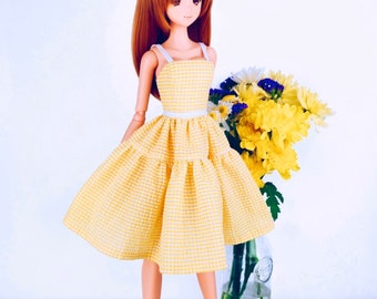 1950s Retro Vintage Style Lemon Pastel Yellow Gingham Seersucker Knee Length Dress - Smart Doll, Dollfie Dream, BJD SD13