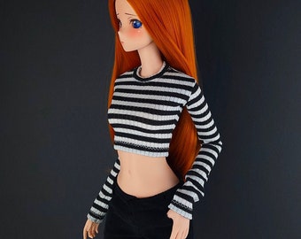 Long Sleeve Cropped Black And White Knit Striped T Shirt - Smart Doll, Dollfie Dream, BJD SD13