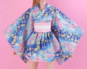 Lolita Style Short Kimono Yukata Dress Blue Sakura Japanese Print - Smart Doll, Dollfie Dream, BJD SD13