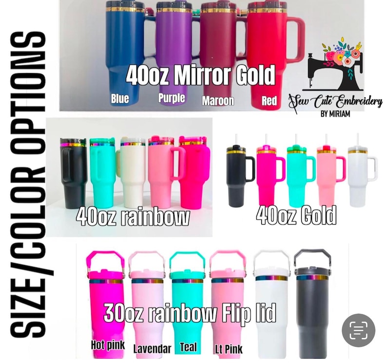 Puede incluir: Una variedad de vasos de 30 y 40 onzas en diferentes colores, incluyendo azul, morado, marr&oacute;n, rojo, verde azulado, rosa y blanco. Los vasos tienen un asa y una pajita. El texto "40oz Mirror Gold", "40oz rainbow", "40oz Gold", y "30oz rainbow Flip lid" es visible en la imagen.