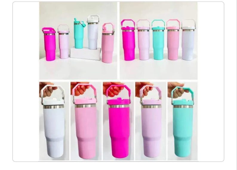 Puede incluir: Conjunto de ocho vasos de acero inoxidable con asas. Los vasos son de varios colores, incluyendo rosa, blanco, azul claro y turquesa. Cada vaso tiene una tapa y un asa.