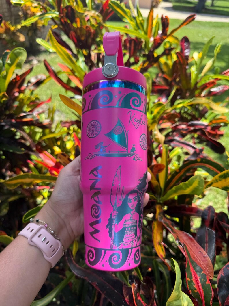 Moana Tumbler * Moana 2 Cup * Moana Engrave design * Similar to stanely ice flow * girl cup * laser engrave * 30 oz Flip lid Hot pink/rainbow