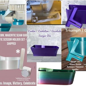 Op de afbeelding: Assortiment van sergerbakken en accessoires in verschillende kleuren, waaronder paars, teal en iriserend. De afbeelding bevat de tekst "Serger Bin, Magnetic Seam Guide, Magnetic Scissor Holder Set - Shipped."