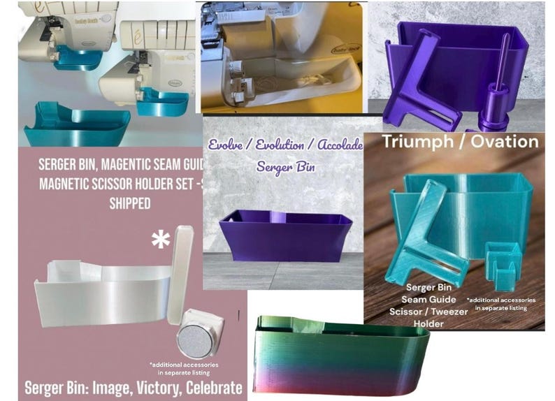 Op de afbeelding: Assortiment van sergerbakken en accessoires in verschillende kleuren, waaronder paars, teal en iriserend. De afbeelding bevat de tekst "Serger Bin, Magnetic Seam Guide, Magnetic Scissor Holder Set - Shipped."