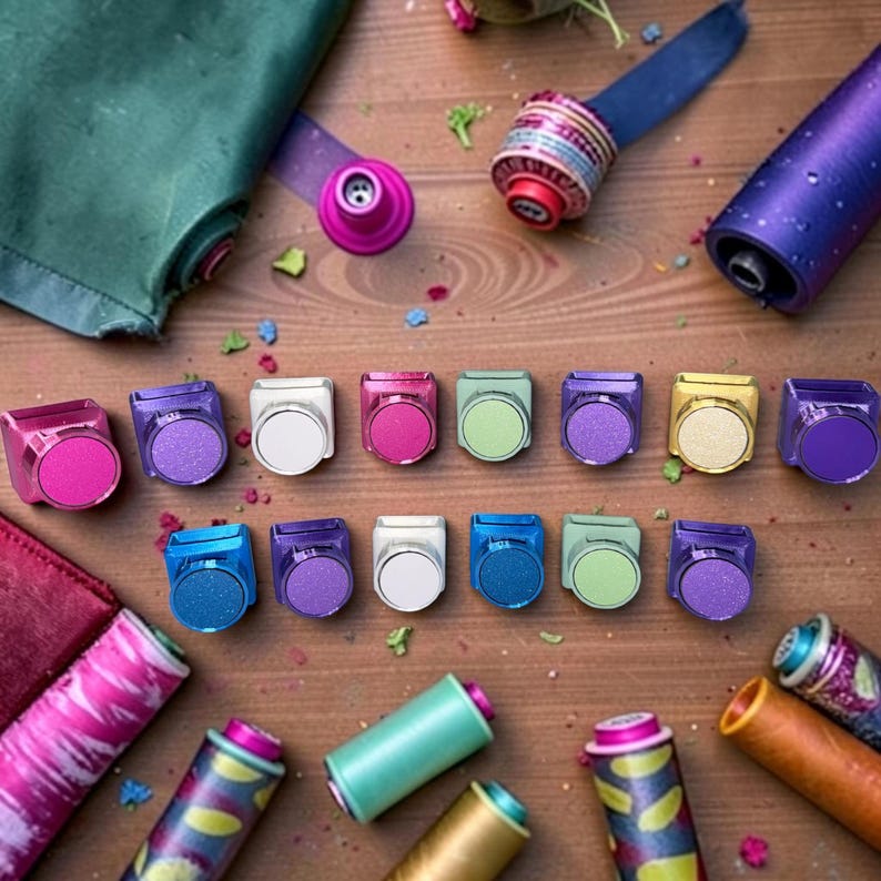 May include: A collection of small, square-shaped sewing clips in various metallic colors including pink, purple, white, green, blue, and gold, arranged in two rows alongside several spools of thread and a piece of dark green fabric.