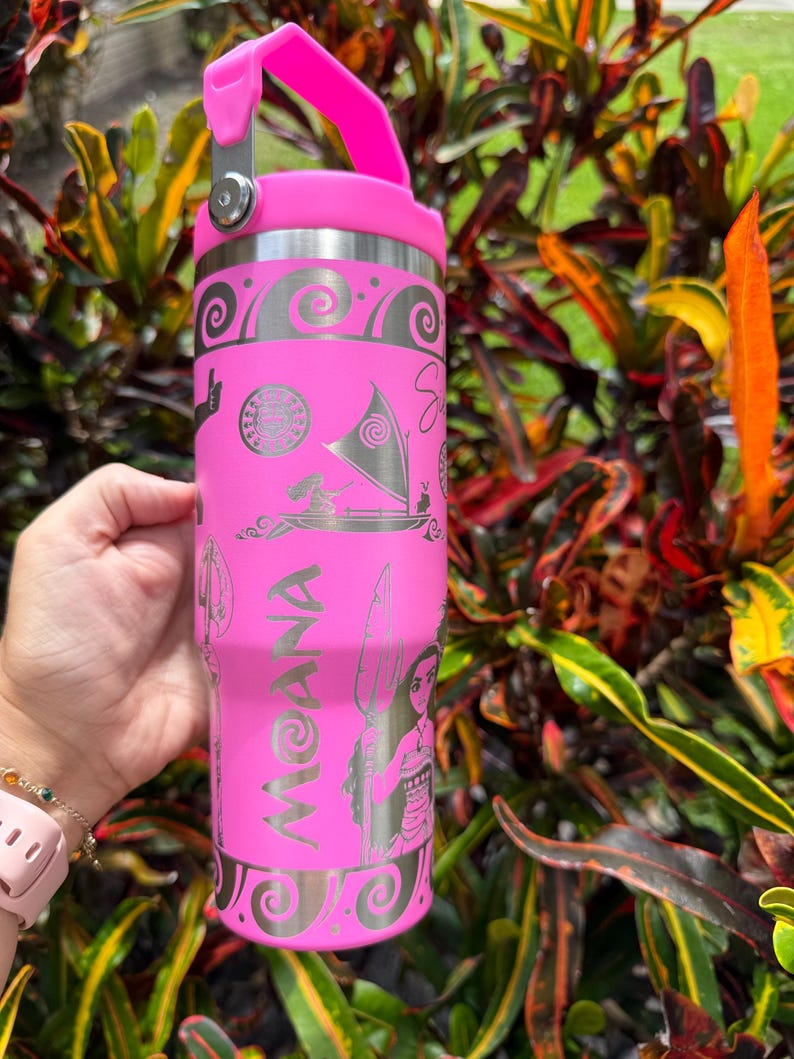 Moana Tumbler * Moana 2 Cup * Moana Engrave design * Similar to stanely ice flow * girl cup * laser engrave * 30 oz Flip lid Hot pink / silver