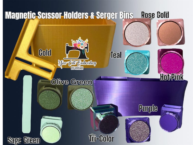 May include: An assortment of magnetic scissor holders and serger bins in a variety of colours, including gold, olive green, sage green, teal, hot pink, rose gold, purple, and tri-colour. The bins are made of plastic and have a textured surface. The holders are made of metal and have a magnetic base. The text "Saw Cute Embroidery by Miriam" is visible on the gold bin.