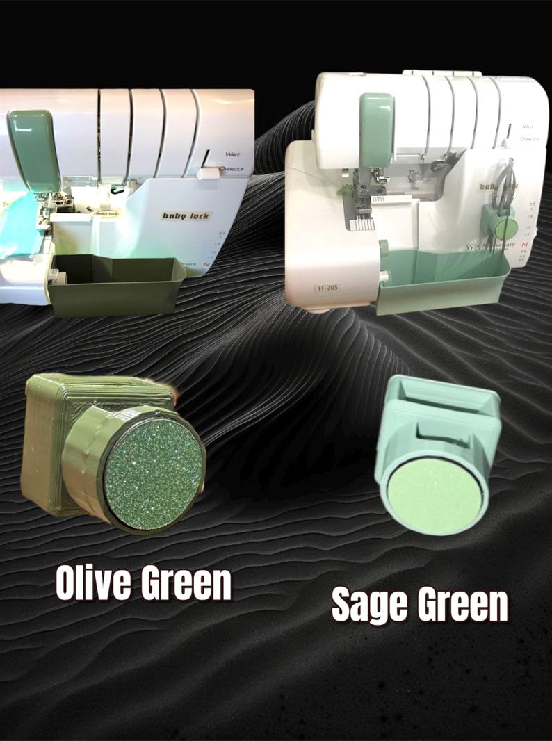May include: Two Baby Lock serger machines featuring custom attachments in olive green and sage green. The olive green attachment has a textured, glittery circular face, while the sage green attachment has a smooth, matte circular face.