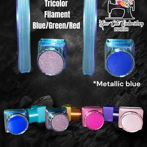 May include: A set of colourful magnetic bobbins for sewing machines. The bobbins are made of iridescent plastic and come in blue, green, red, pink, purple, and white. The bobbins are labelled "Tricolor Filament Blue/Green/Red" and "Metallic blue".