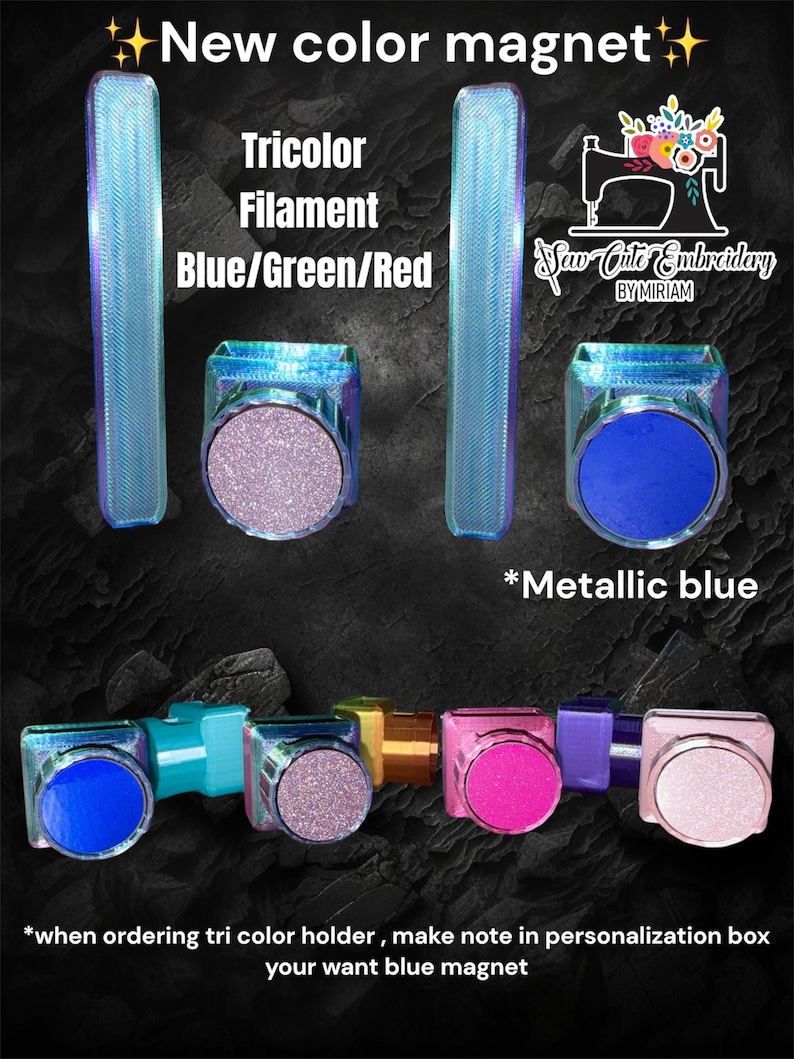 May include: A set of colourful magnetic bobbins for sewing machines. The bobbins are made of iridescent plastic and come in blue, green, red, pink, purple, and white. The bobbins are labelled "Tricolor Filament Blue/Green/Red" and "Metallic blue".