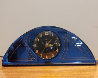 1930s New Haven Cobalt Glass Demi Lune Mantle Clock